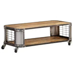 Tavolino da salotto con 4 ruote, in legno massello di mango, 100 cm, design industriale, ripiano inferiore