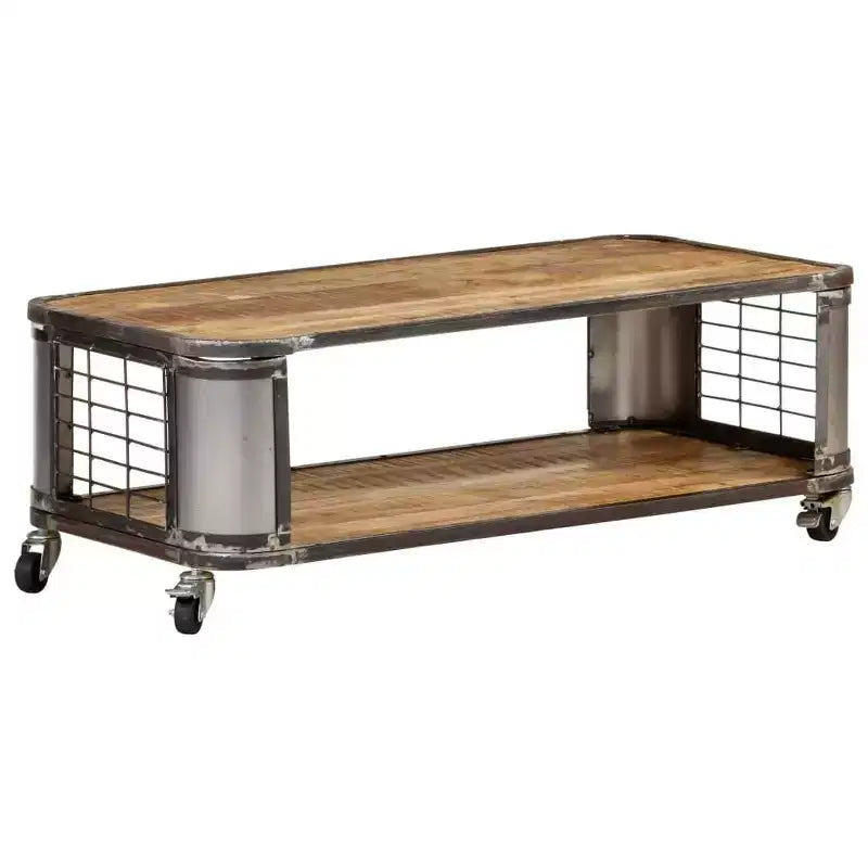 Tavolino da salotto con 4 ruote, in legno massello di mango, 100 cm, design industriale, ripiano inferiore