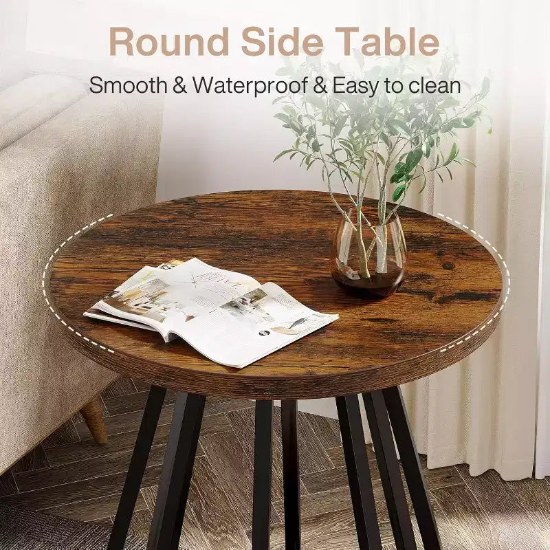 Tavolino rotondo a 2 ripiani con struttura in metallo e ripiano inferiore per piccoli spazi, marrone vintage