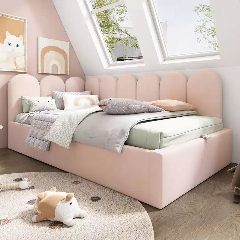 Divano letto gemello imbottito con contenitore idraulico e telaio a doghe in metallo Camera da letto moderna