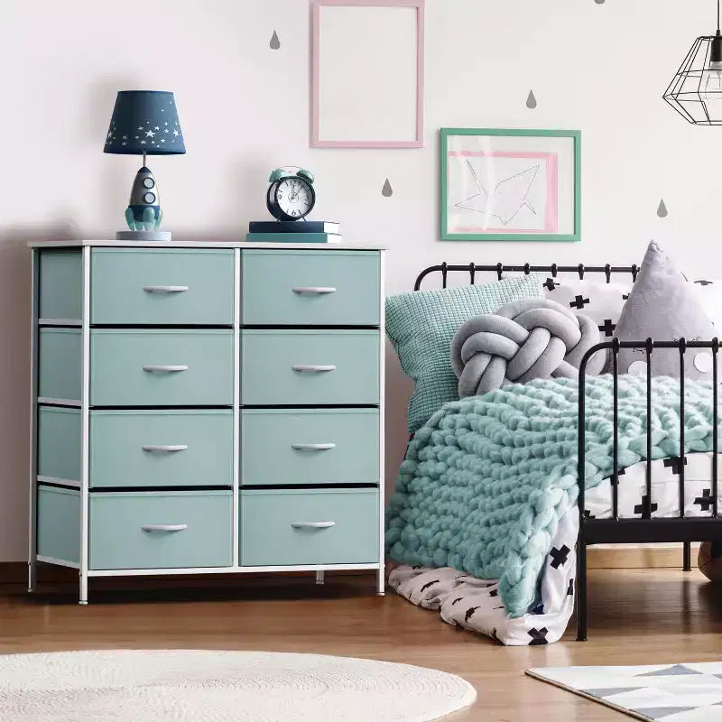 Cassettiera a 8 cassetti, unità di archiviazione con struttura in acciaio, ripiano in legno e cassetti in tessuto per camera da letto, armadio, ufficio