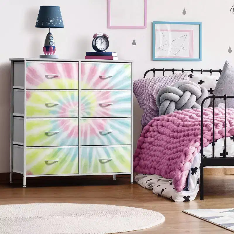 Cassettiera a 8 cassetti, unità di archiviazione con struttura in acciaio, ripiano in legno e cassetti in tessuto per camera da letto, armadio, ufficio