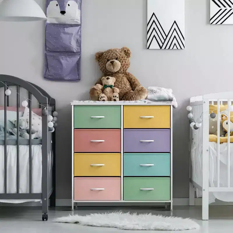 Cassettiera a 8 cassetti, unità di archiviazione con struttura in acciaio, ripiano in legno e cassetti in tessuto per camera da letto, armadio, ufficio