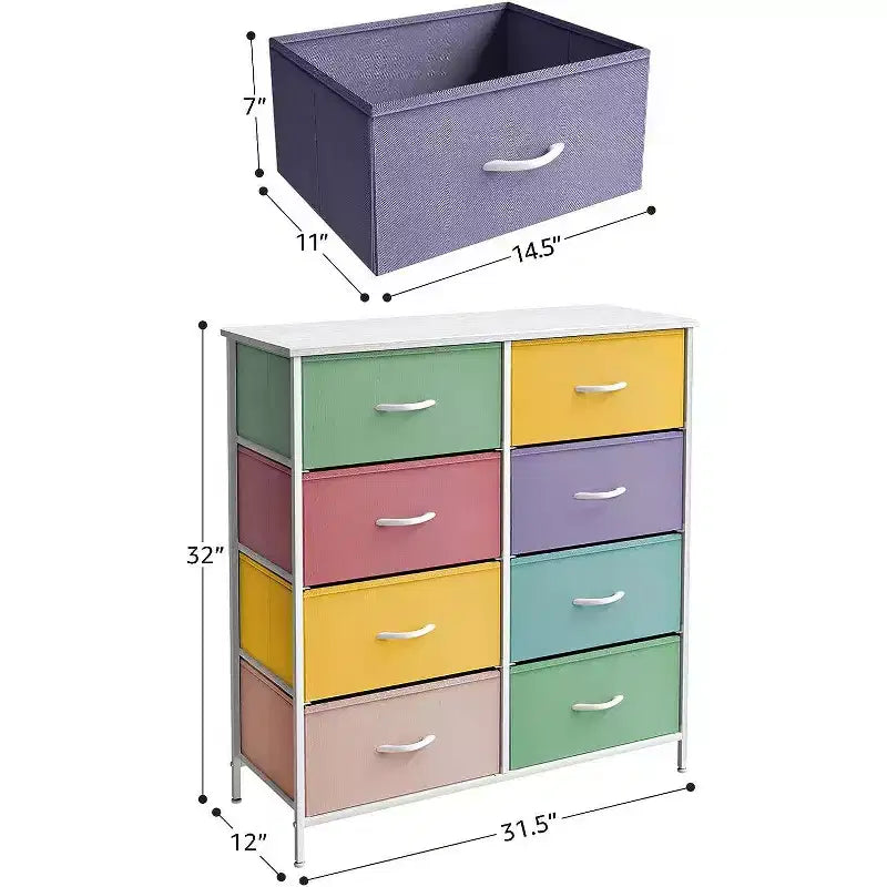 Cassettiera a 8 cassetti, unità di archiviazione con struttura in acciaio, ripiano in legno e cassetti in tessuto per camera da letto, armadio, ufficio