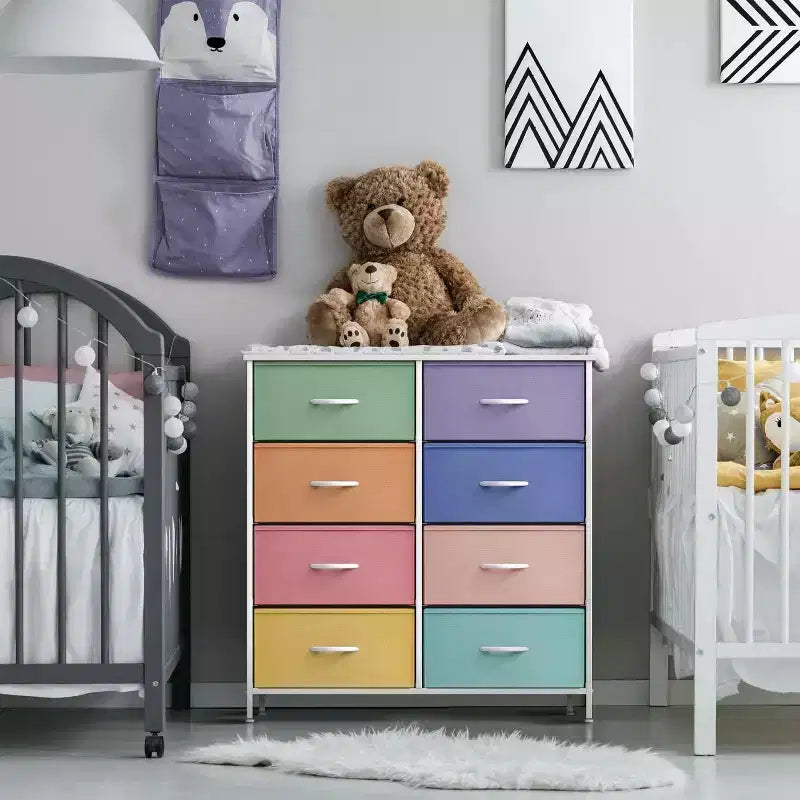 Cassettiera a 8 cassetti, unità di archiviazione con struttura in acciaio, ripiano in legno e cassetti in tessuto per camera da letto, armadio, ufficio