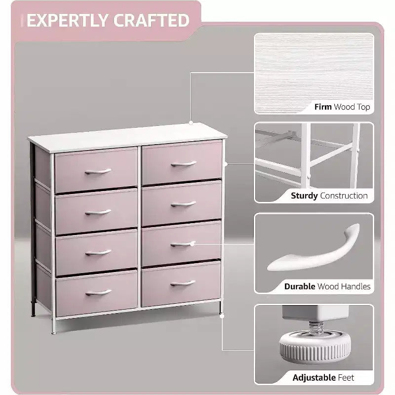 Cassettiera a 8 cassetti, unità di archiviazione con struttura in acciaio, ripiano in legno e cassetti in tessuto per camera da letto, armadio, ufficio