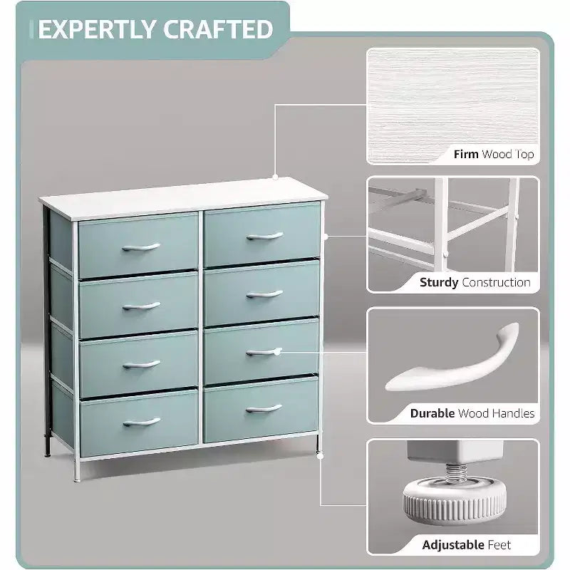 Cassettiera a 8 cassetti, unità di archiviazione con struttura in acciaio, ripiano in legno e cassetti in tessuto per camera da letto, armadio, ufficio