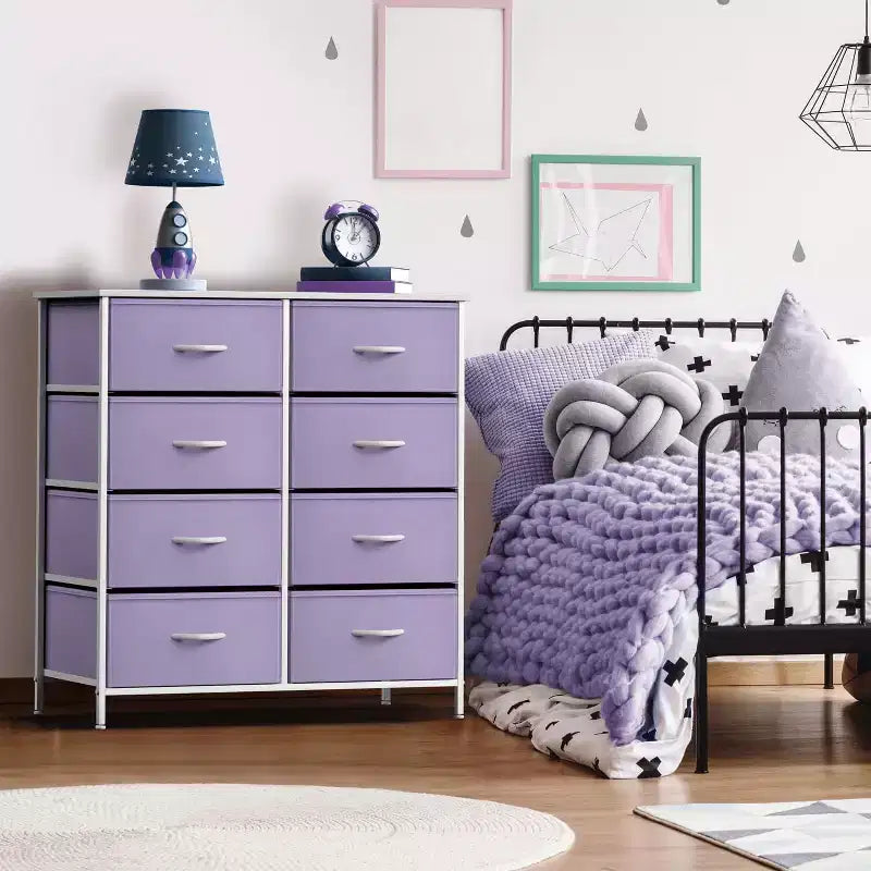 Cassettiera a 8 cassetti, unità di archiviazione con struttura in acciaio, ripiano in legno e cassetti in tessuto per camera da letto, armadio, ufficio