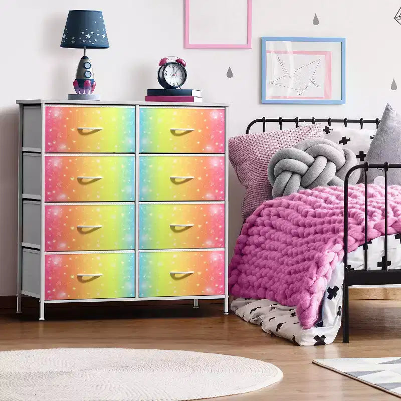 Cassettiera a 8 cassetti, unità di archiviazione con struttura in acciaio, ripiano in legno e cassetti in tessuto per camera da letto, armadio, ufficio