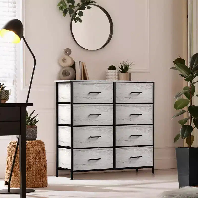 Cassettiera a 8 cassetti, unità di archiviazione con struttura in acciaio, ripiano in legno e cassetti in tessuto per camera da letto, armadio, ufficio
