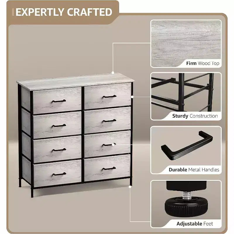 Cassettiera a 8 cassetti, unità di archiviazione con struttura in acciaio, ripiano in legno e cassetti in tessuto per camera da letto, armadio, ufficio