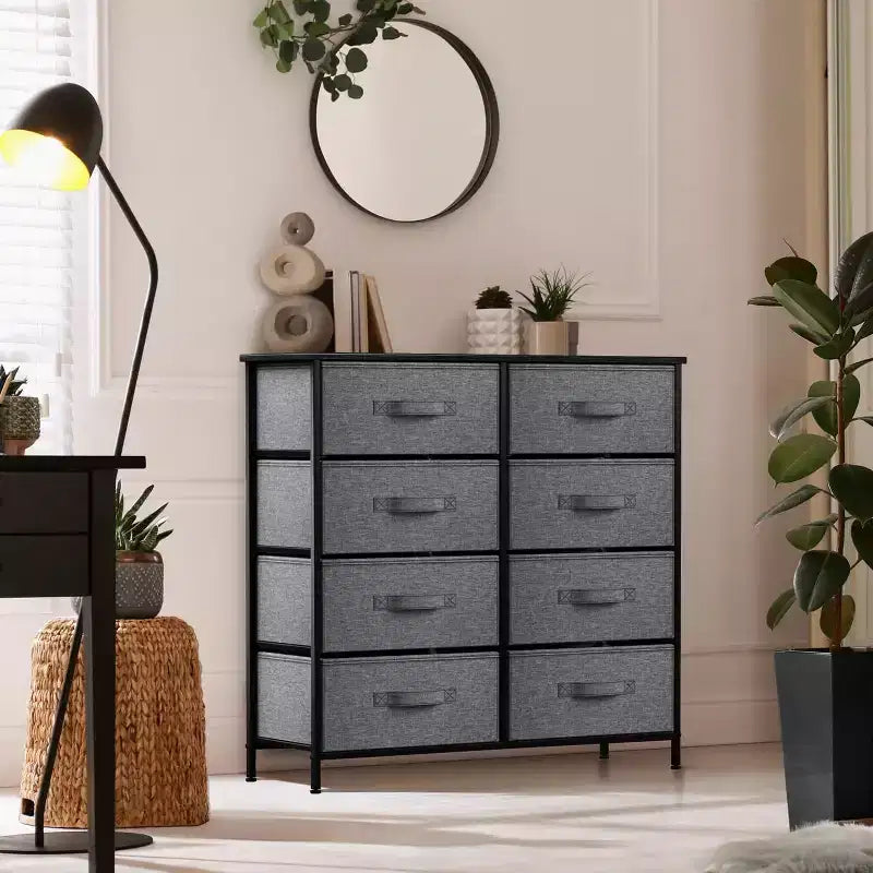 Cassettiera a 8 cassetti, unità di archiviazione con struttura in acciaio, ripiano in legno e cassetti in tessuto per camera da letto, armadio, ufficio