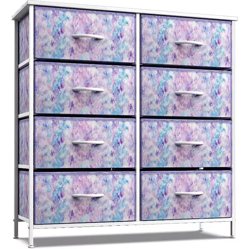 Cassettiera a 8 cassetti, unità di archiviazione con struttura in acciaio, ripiano in legno e cassetti in tessuto per camera da letto, armadio, ufficio