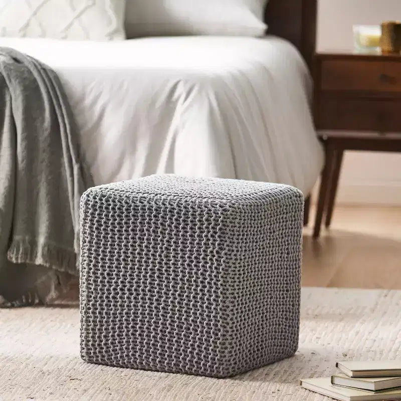 Pouf poggiapiedi rivestito quadrato in maglia per soggiorno e camera da letto