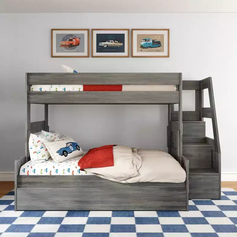 Letto a castello moderno stile rustico una piazza e mezza con scaletta estraibile in legno massiccio di pino