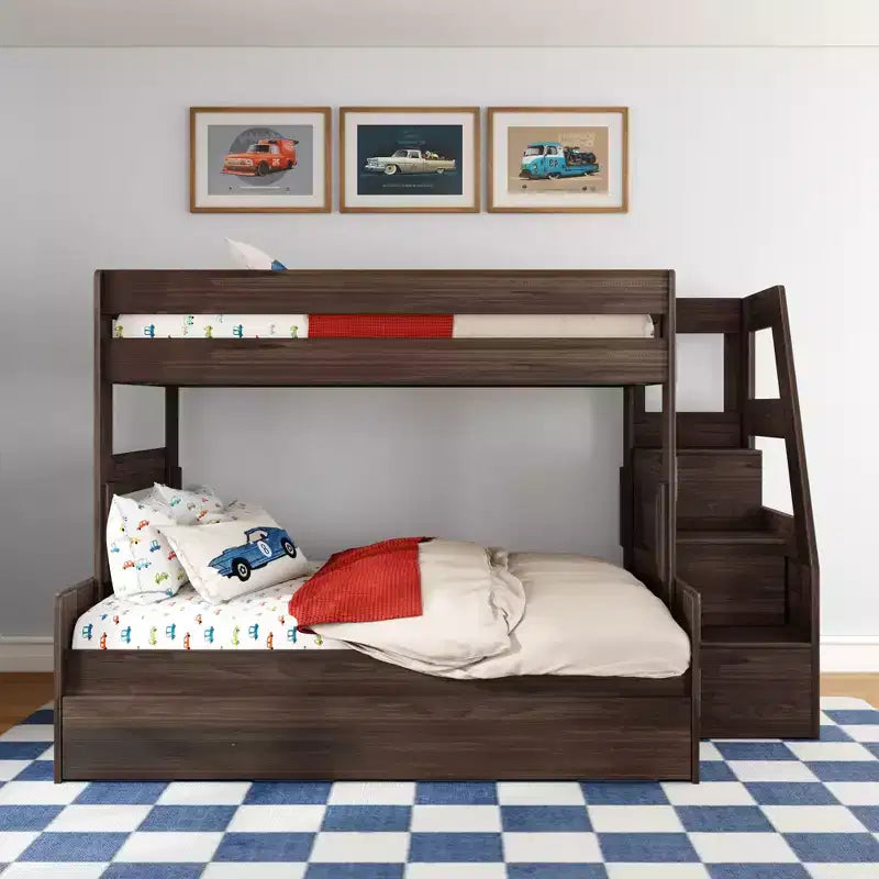 Letto a castello moderno stile rustico una piazza e mezza con scaletta estraibile in legno massiccio di pino