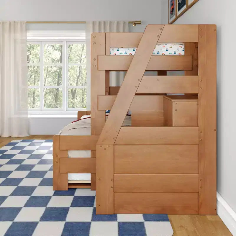 Letto a castello moderno stile rustico una piazza e mezza con scaletta estraibile in legno massiccio di pino