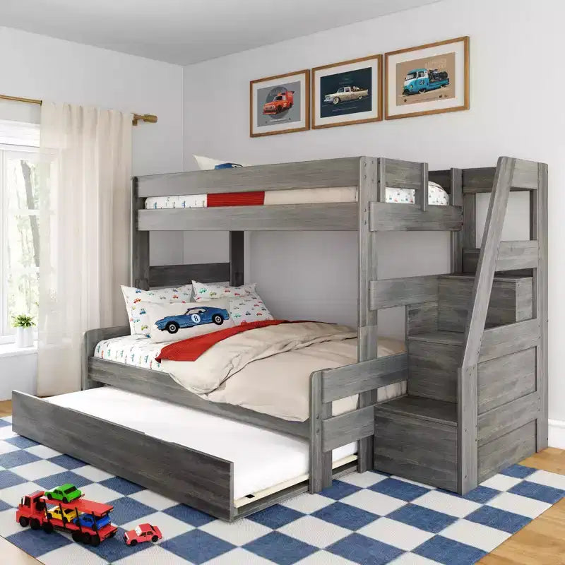 Letto a castello moderno stile rustico una piazza e mezza con scaletta estraibile in legno massiccio di pino