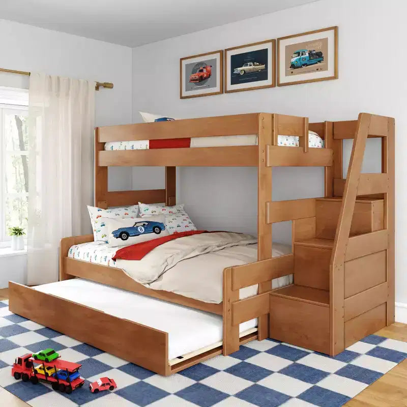 Letto a castello moderno stile rustico una piazza e mezza con scaletta estraibile in legno massiccio di pino
