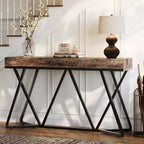 Consolle industriale da 55" per ingresso, tavolo da divano in legno con base geometrica in metallo