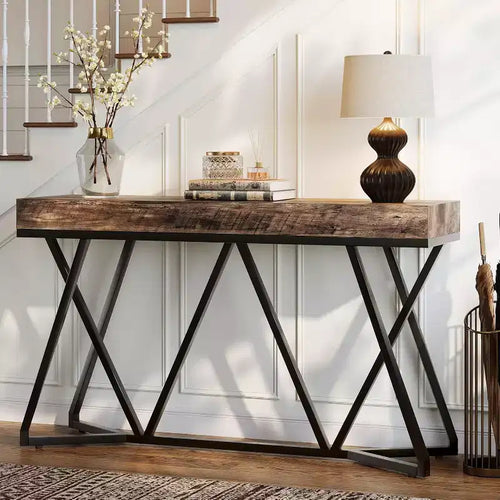 Consolle industriale da 55" per ingresso, tavolo da divano in legno con base geometrica in metallo