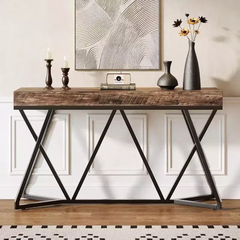 Consolle industriale da 55" per ingresso, tavolo da divano in legno con base geometrica in metallo