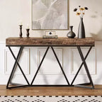 Consolle industriale da 55" per ingresso, tavolo da divano in legno con base geometrica in metallo