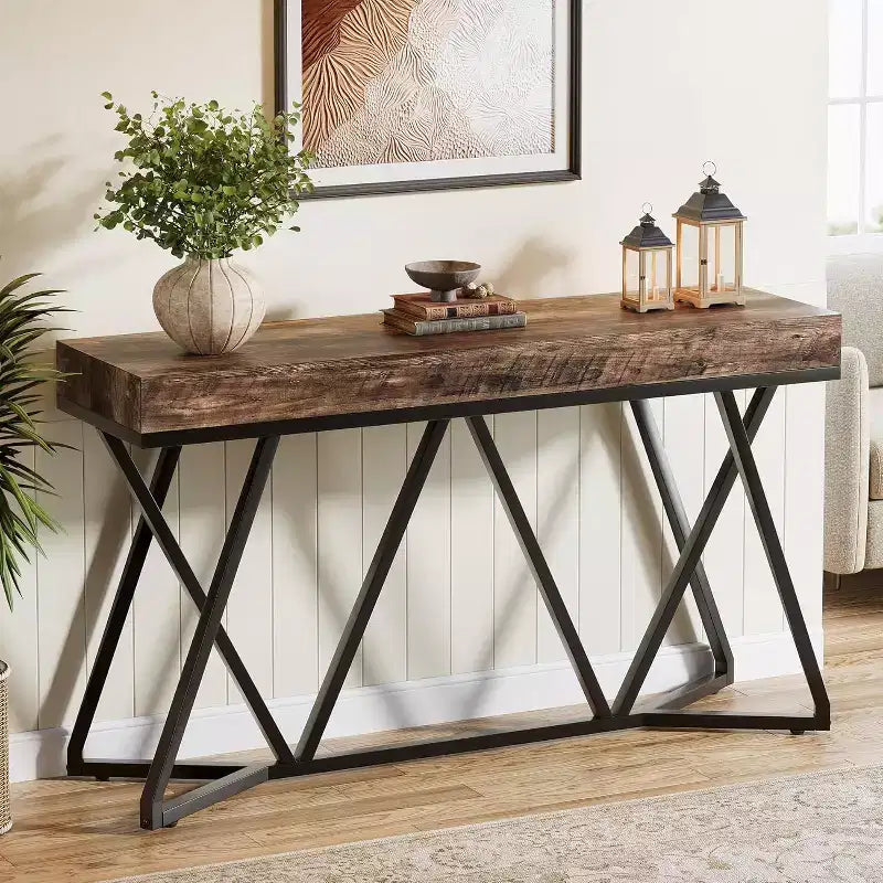 Consolle industriale da 55" per ingresso, tavolo da divano in legno con base geometrica in metallo