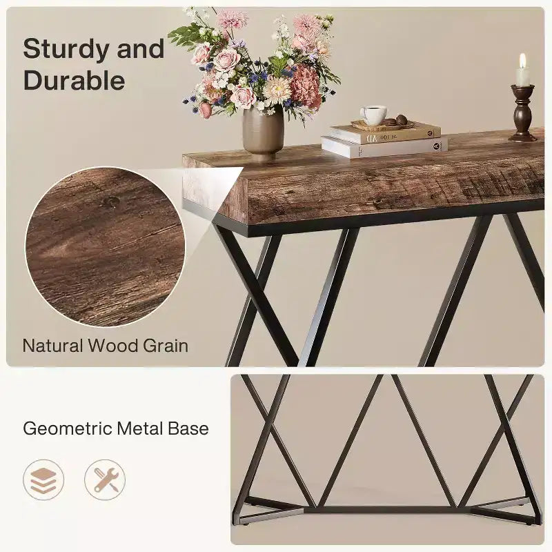 Consolle industriale da 55" per ingresso, tavolo da divano in legno con base geometrica in metallo