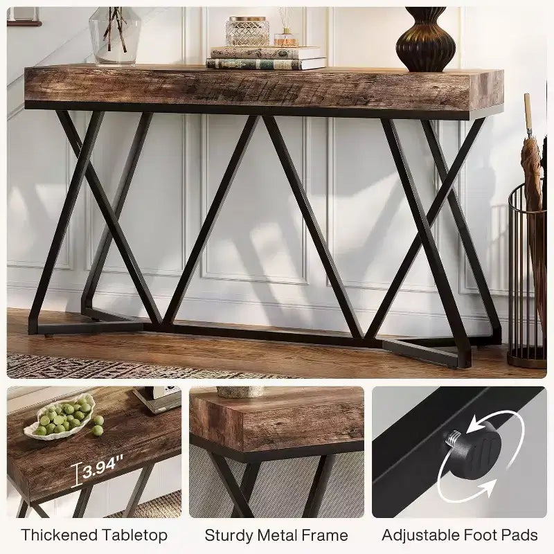 Consolle industriale da 55" per ingresso, tavolo da divano in legno con base geometrica in metallo