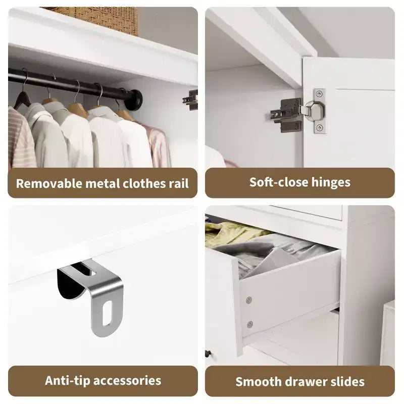 Armadio guardaroba a 3 cassetti e 2 ante, moderno, bianco, resistente, con ante a battente