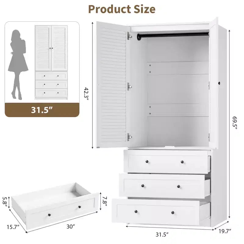 Armadio guardaroba a 3 cassetti e 2 ante, moderno, bianco, resistente, con ante a battente