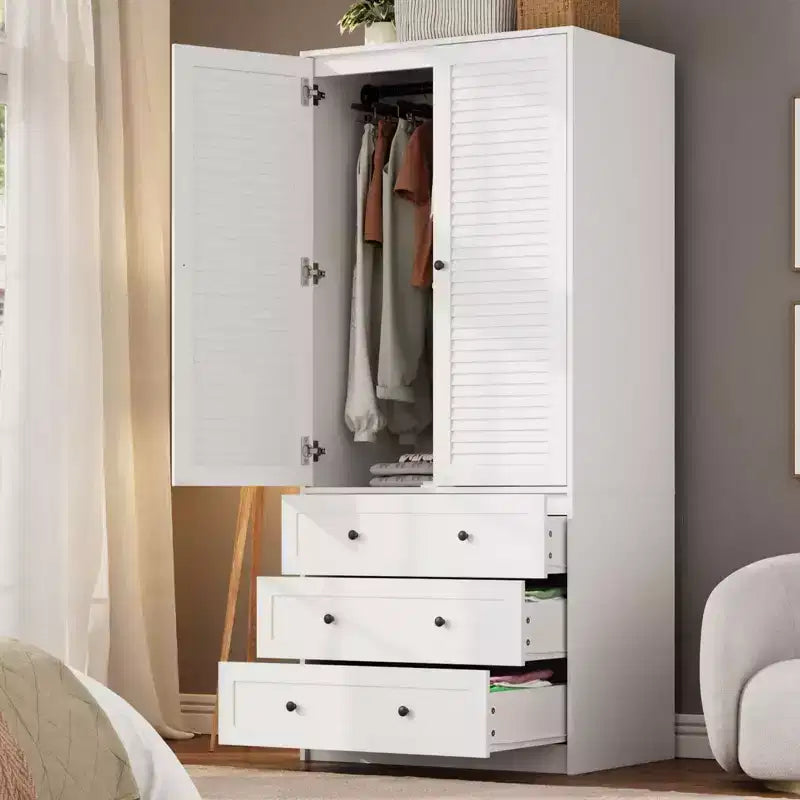 Armadio guardaroba a 3 cassetti e 2 ante, moderno, bianco, resistente, con ante a battente