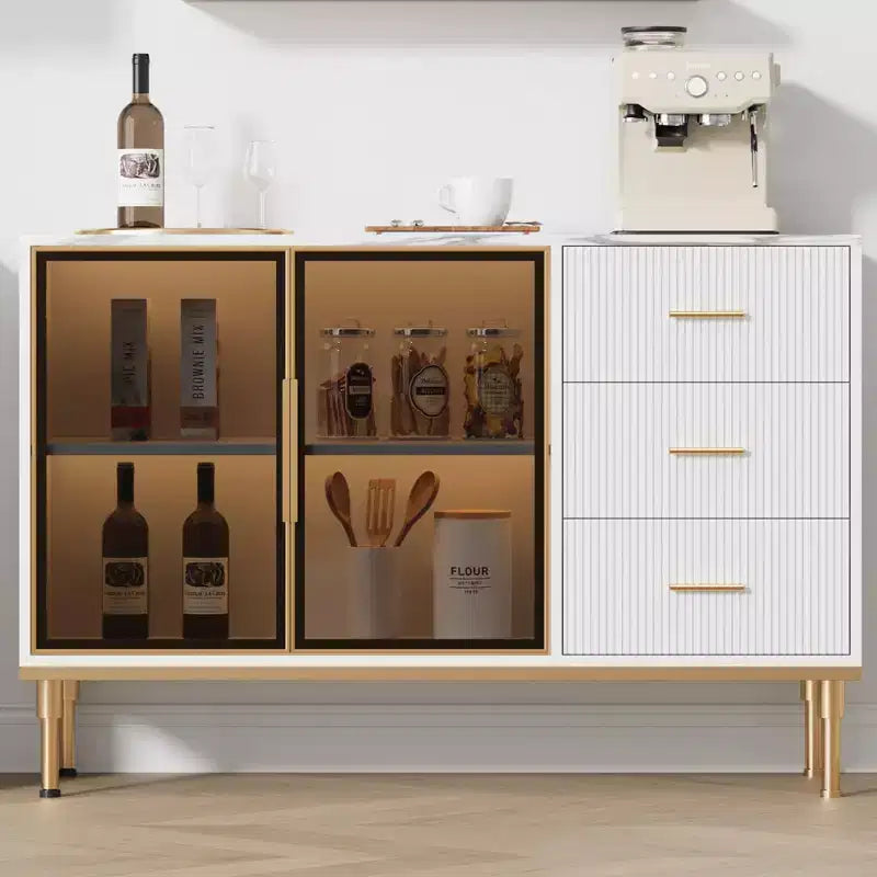 Credenza a Buffet con Luce LED, 3 Cassetti Scanalati e Ante in Vetro