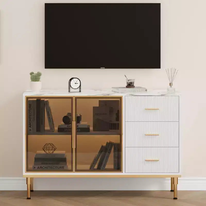 Credenza a Buffet con Luce LED, 3 Cassetti Scanalati e Ante in Vetro
