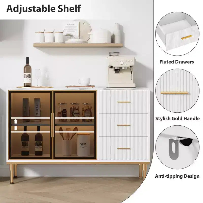 Credenza a Buffet con Luce LED, 3 Cassetti Scanalati e Ante in Vetro
