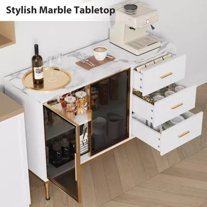 Credenza a Buffet con Luce LED, 3 Cassetti Scanalati e Ante in Vetro