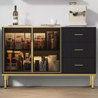 Credenza a Buffet con Luce LED, 3 Cassetti Scanalati e Ante in Vetro