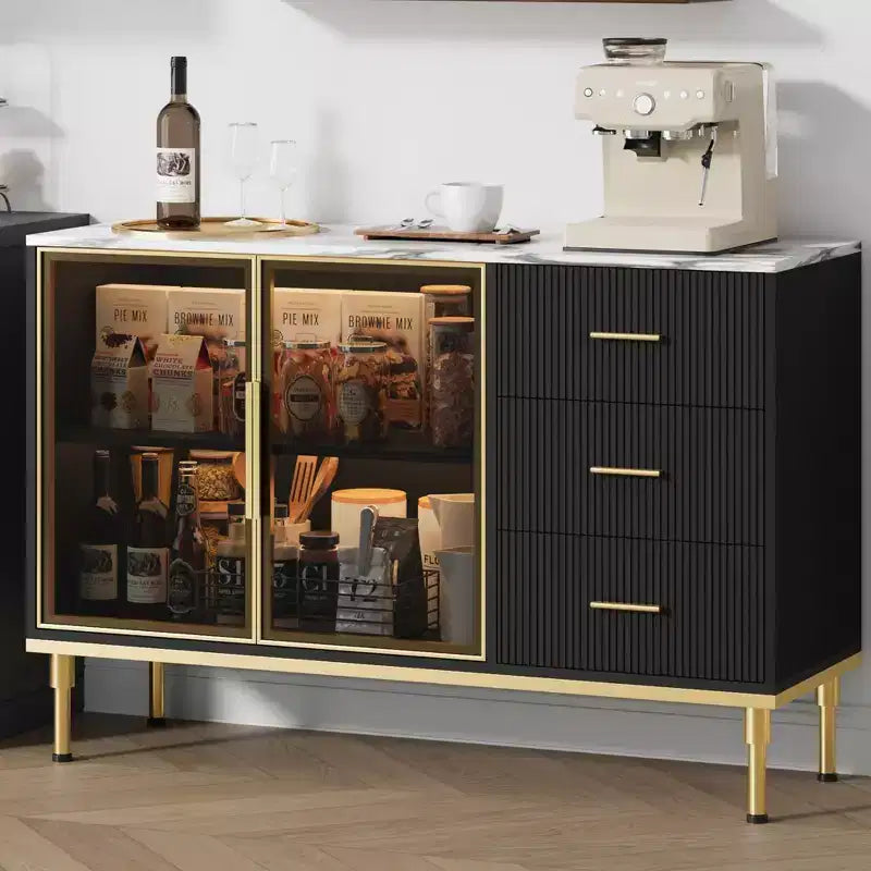 Credenza a Buffet con Luce LED, 3 Cassetti Scanalati e Ante in Vetro
