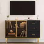 Credenza a Buffet con Luce LED, 3 Cassetti Scanalati e Ante in Vetro