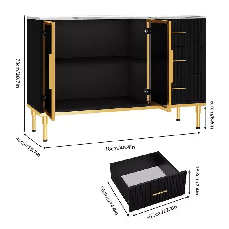 Credenza a Buffet con Luce LED, 3 Cassetti Scanalati e Ante in Vetro