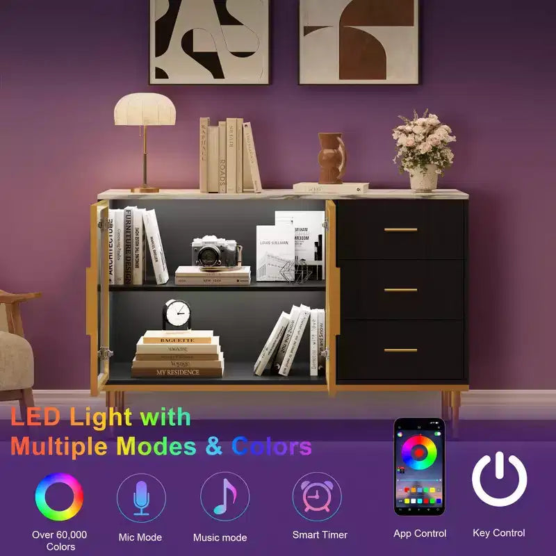 Credenza a Buffet con Luce LED, 3 Cassetti Scanalati e Ante in Vetro