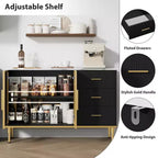 Credenza a Buffet con Luce LED, 3 Cassetti Scanalati e Ante in Vetro