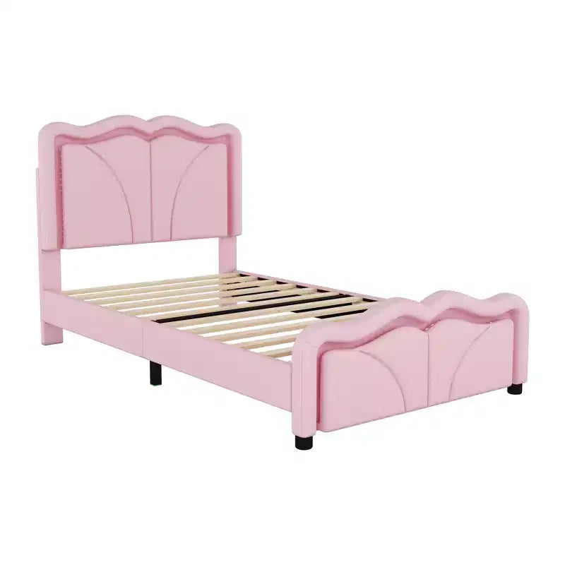 Letto a piattaforma imbottito per letto singolo/matrimoniale con testiera curva regolabile in altezza e luce LED