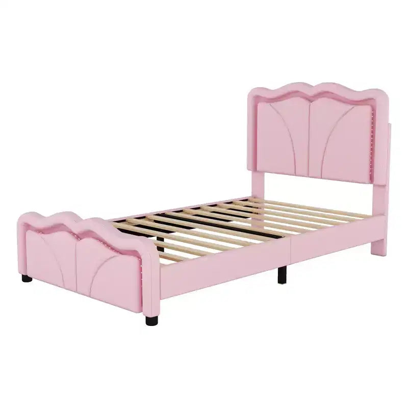 Letto a piattaforma imbottito per letto singolo/matrimoniale con testiera curva regolabile in altezza e luce LED
