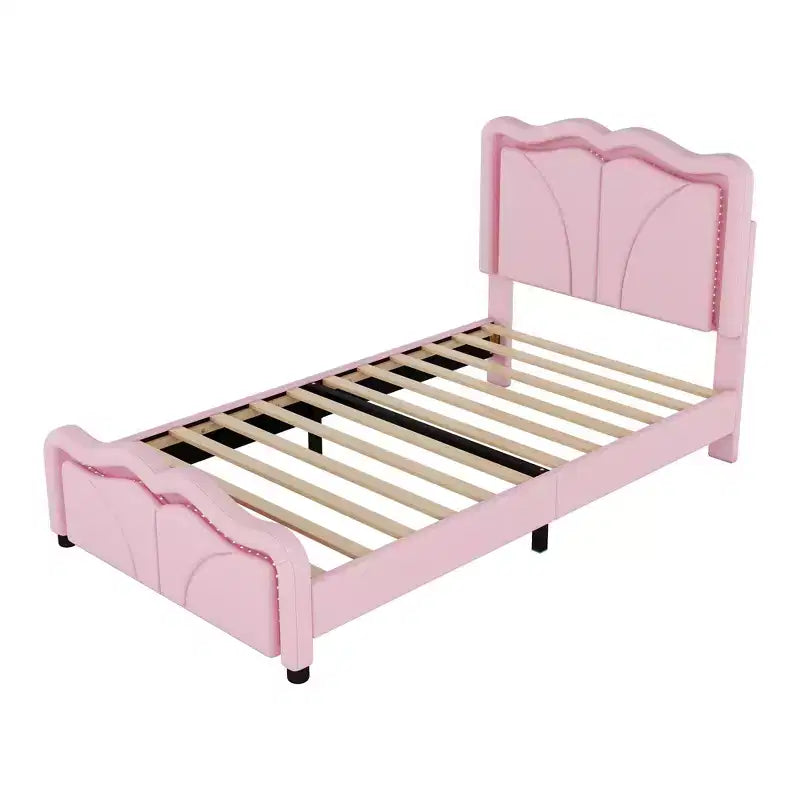 Letto a piattaforma imbottito per letto singolo/matrimoniale con testiera curva regolabile in altezza e luce LED