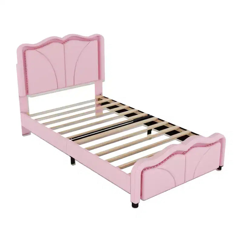 Letto a piattaforma imbottito per letto singolo/matrimoniale con testiera curva regolabile in altezza e luce LED