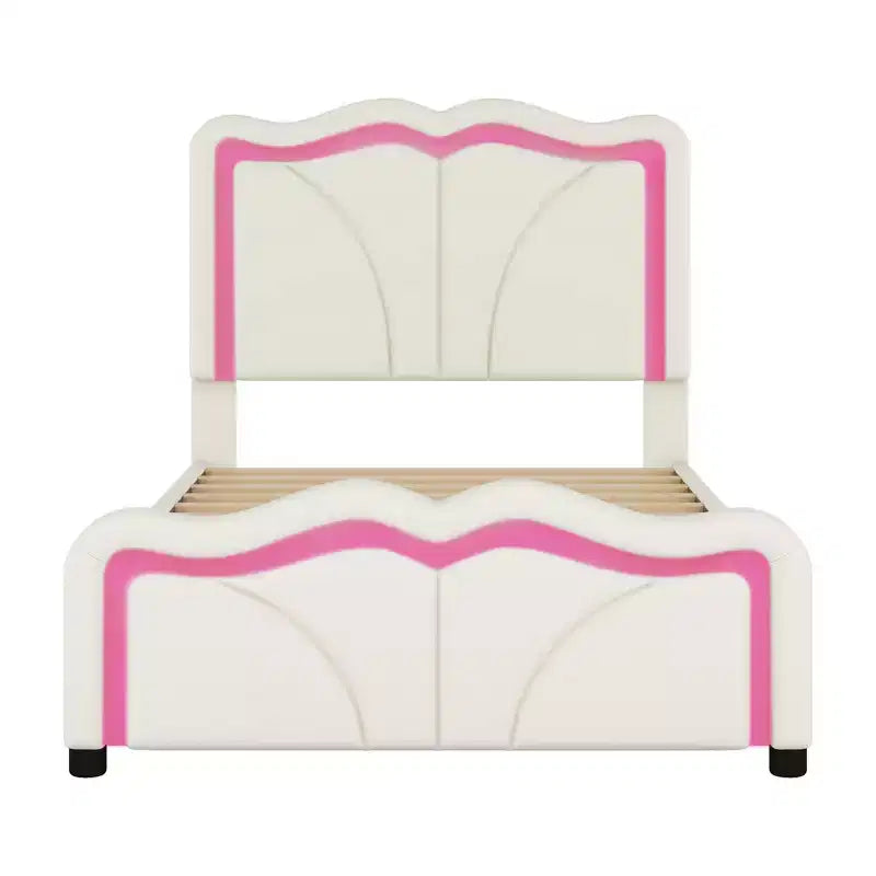 Letto a piattaforma imbottito per letto singolo/matrimoniale con testiera curva regolabile in altezza e luce LED