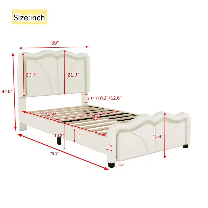 Letto a piattaforma imbottito per letto singolo/matrimoniale con testiera curva regolabile in altezza e luce LED