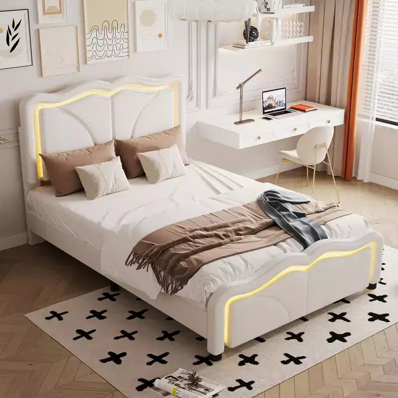 Letto a piattaforma imbottito per letto singolo/matrimoniale con testiera curva regolabile in altezza e luce LED
